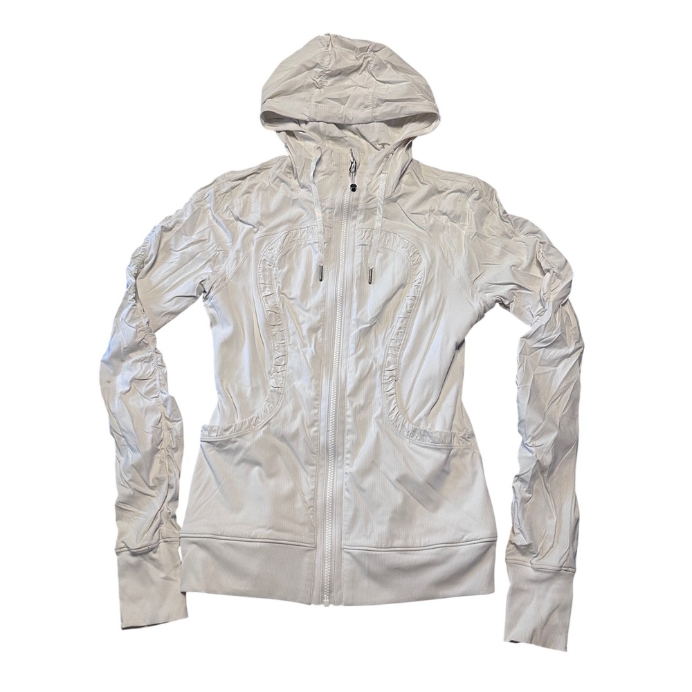 Lululemon Dance Studio Jacket White‎ Full Zip Hooded Cinched Sleeve Size 8
